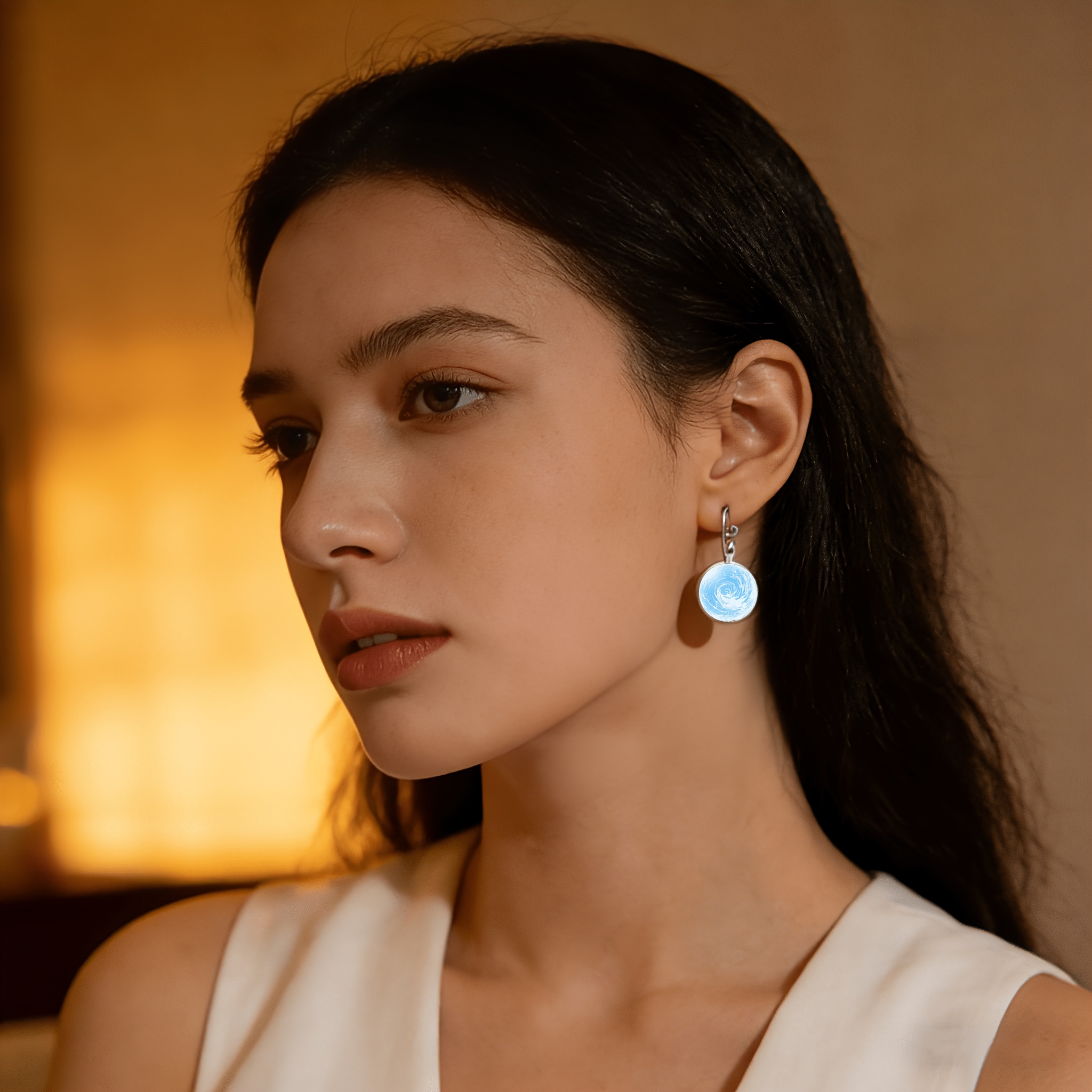 2pcs Set White French Ear Hook Earrings, Blue Water Ripple Design